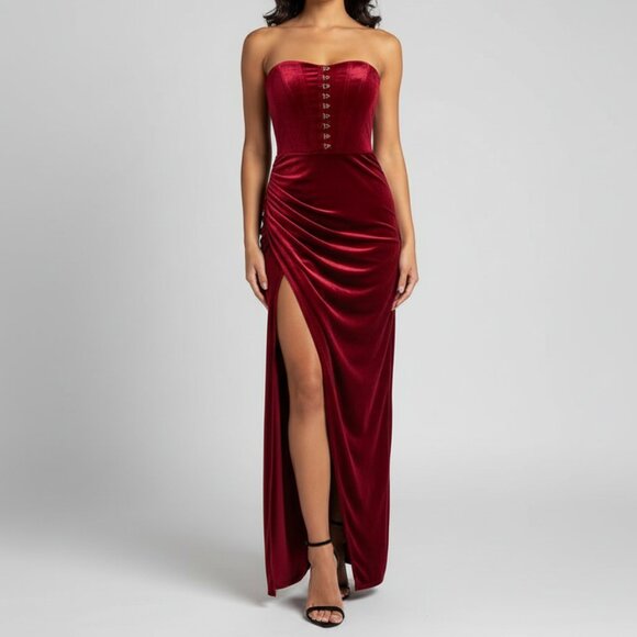 Akira Red Burgundy Velvet Strapless Corset Dress Size Large Ruched Alchemy Goth - Picture 1 of 6